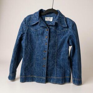 Vintage DenimWorks Womens Blue Denim Button-Up Jacket With Wide Collar & Contras